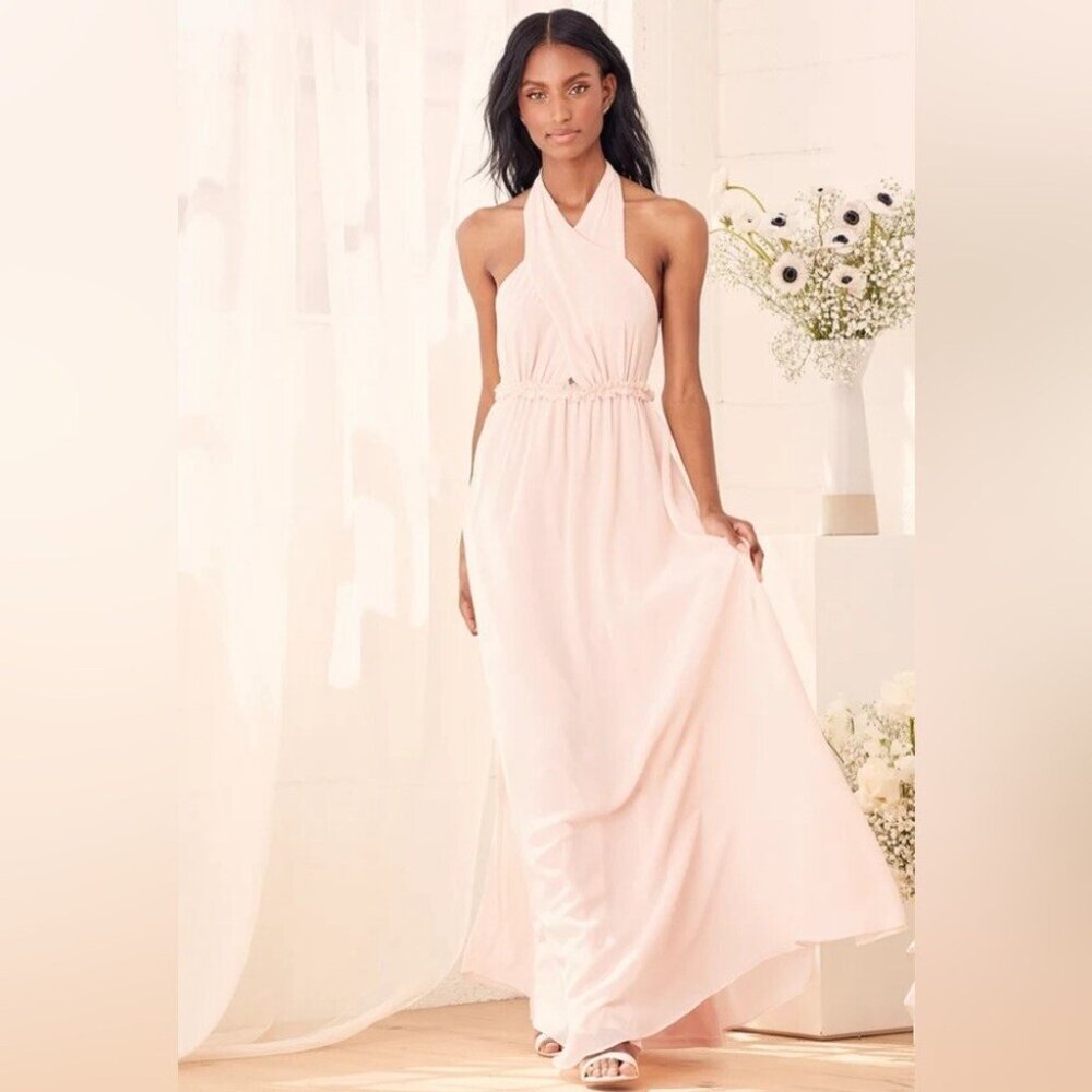 Lulu’s NWT Don't Let Go True Blush Halter Maxi Chiffon Prom Formal Dress Sz S